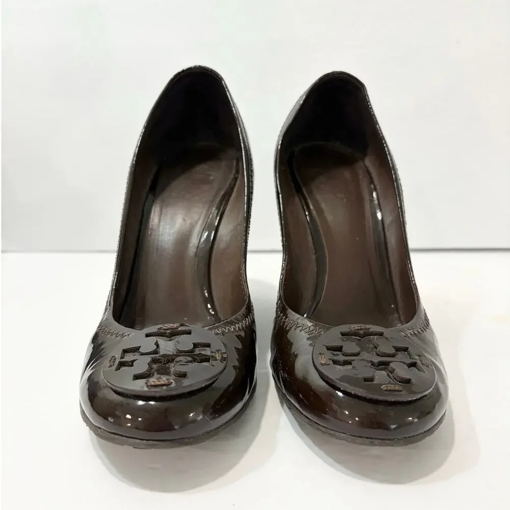 Tory Burch Brown Patent Leather Sally Wedge Pumps